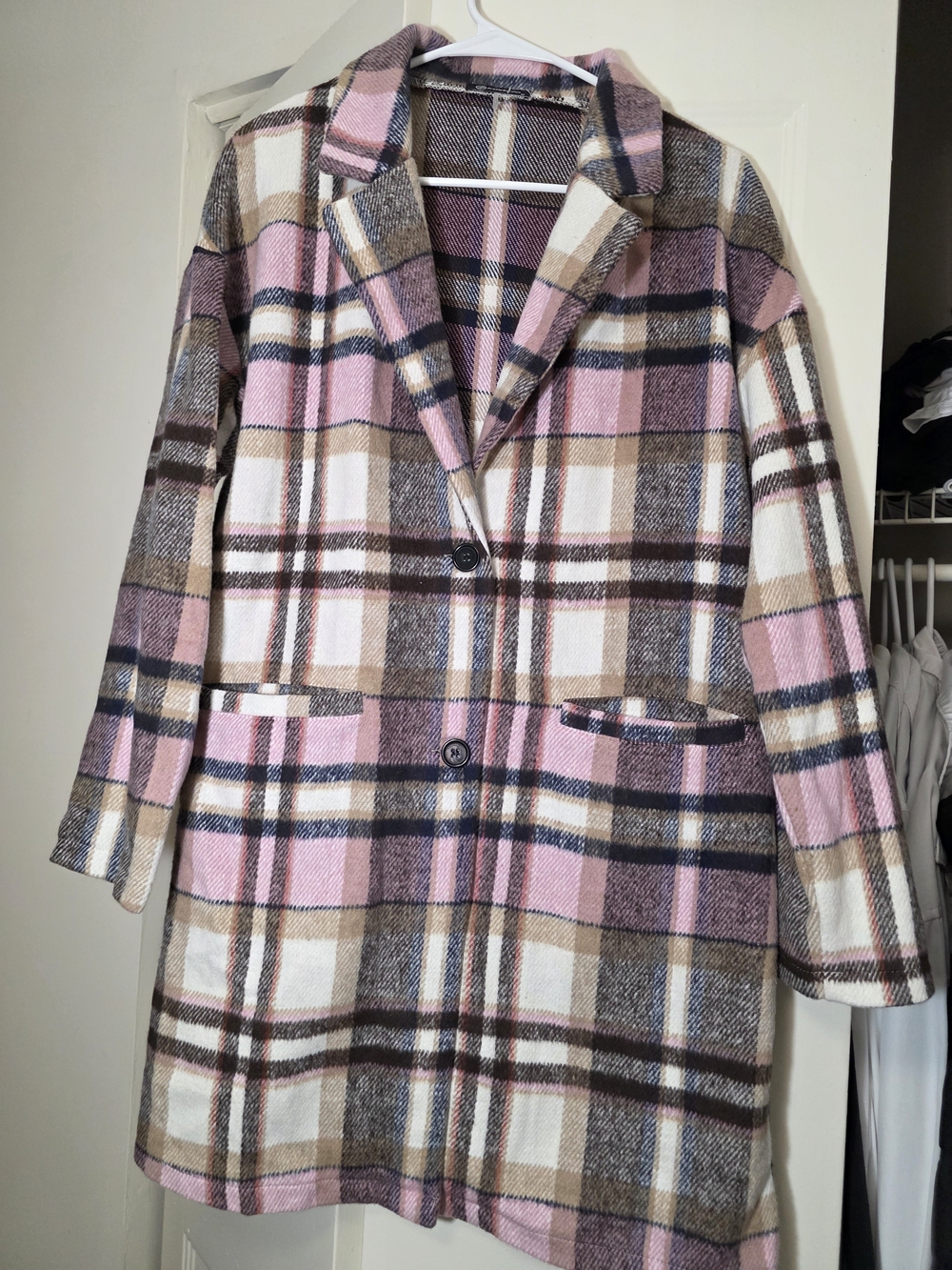 PrettyLittleThing Pink and Beige Plaid Single-Breasted Coat